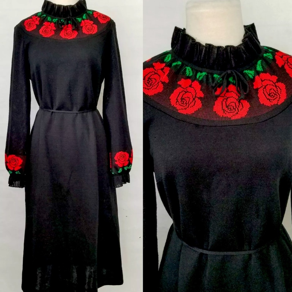 Vintage 60s 70s Rose Knit Mod Ruffled Neckline
Roses Black Sweater Dress Mad Men